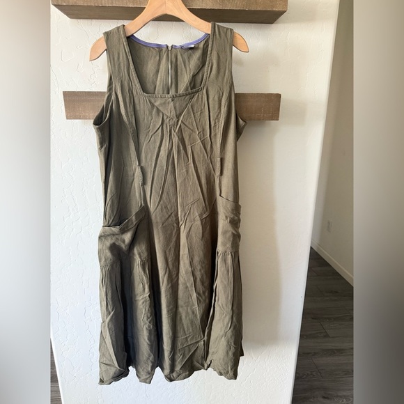 Violet Weekend|Olive Green Linen Lagenlook Sleeveless Midi Dress,square neck•XL - Picture 6 of 10